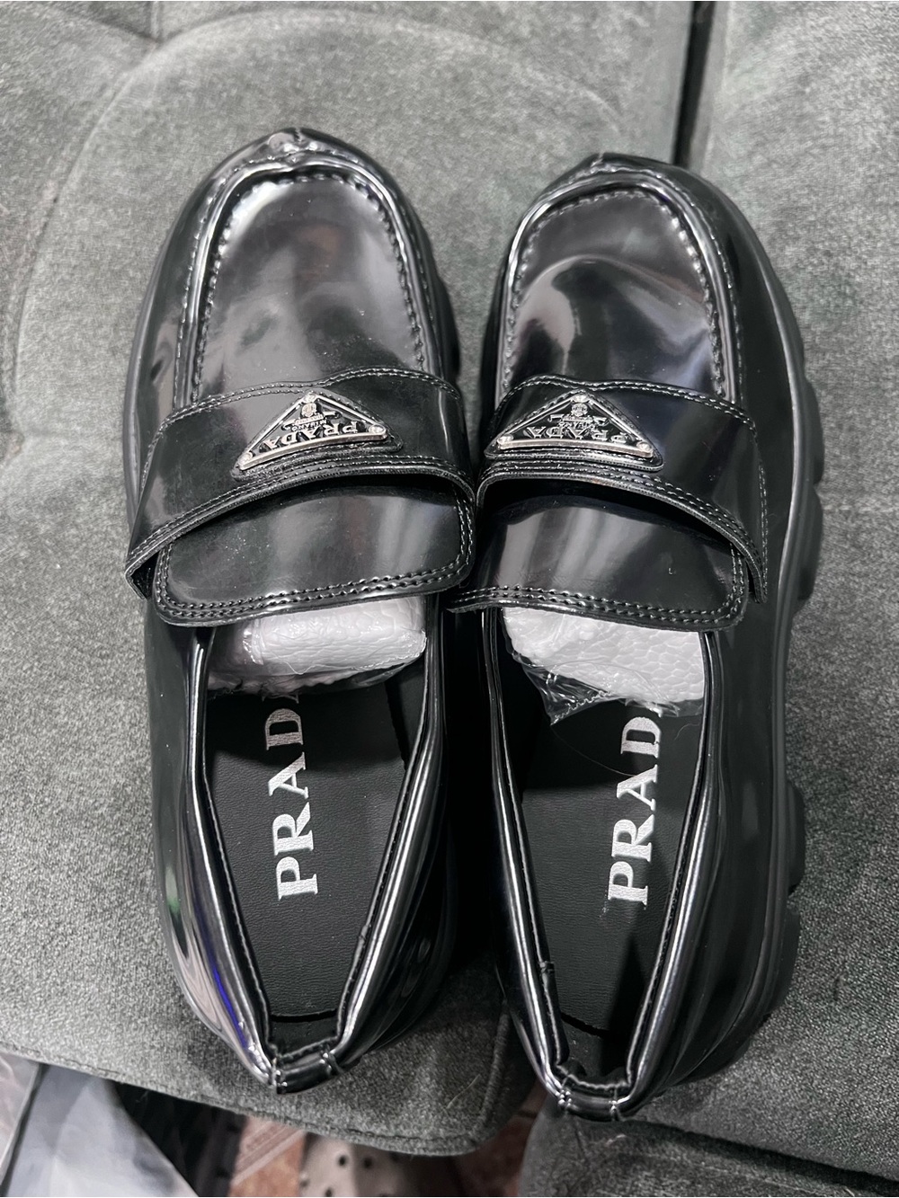 Prada Black Patent Leather Logo Penny Loafers